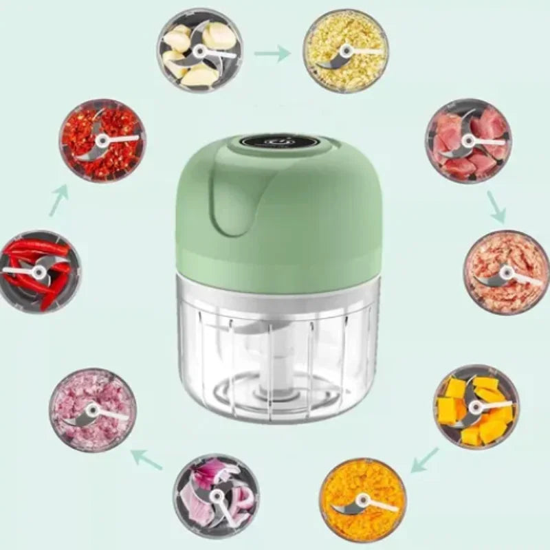 Mini Processador Elétrico Portátil 250ml – 3 Lâminas de Aço Inox, Recarga USB, Bivolt