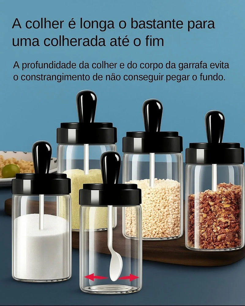 Porta Temperos de Vidro com Colher – Açúcar, Sal, Pimenta e Condimentos