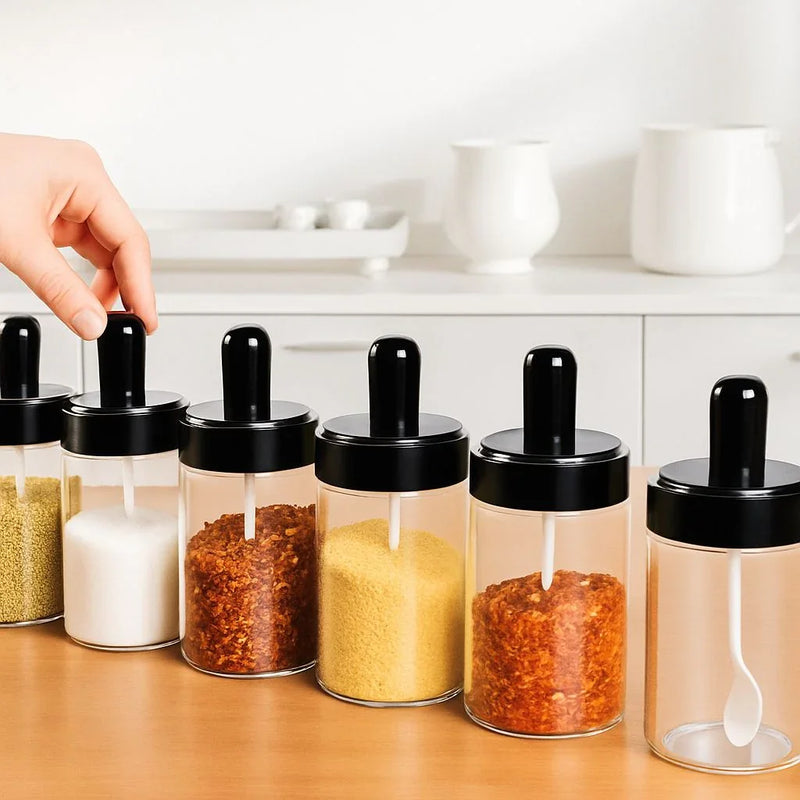 Porta Temperos de Vidro com Colher – Açúcar, Sal, Pimenta e Condimentos