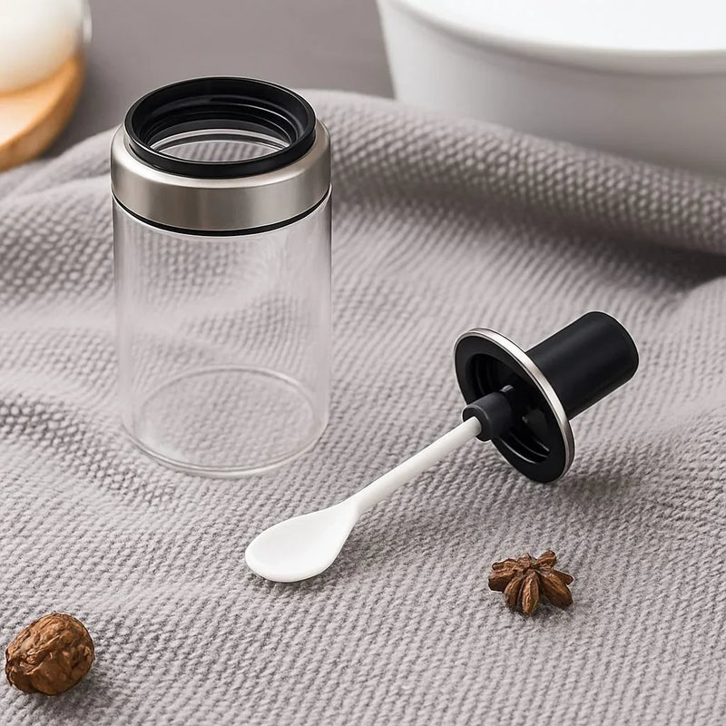 Porta Temperos de Vidro com Colher – Açúcar, Sal, Pimenta e Condimentos