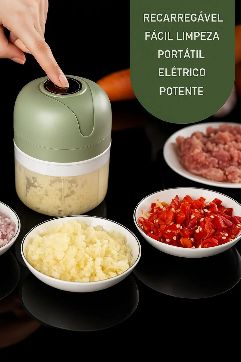 Mini Processador Elétrico Portátil 250ml – 3 Lâminas de Aço Inox, Recarga USB, Bivolt